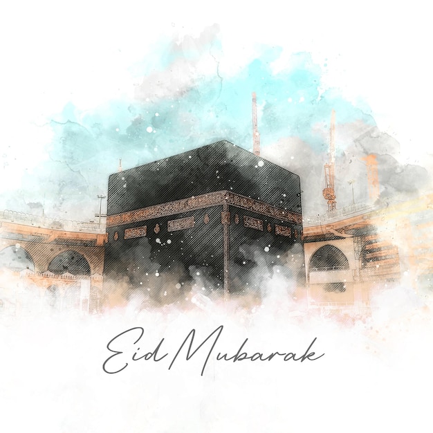 Watercolor painting of a mosque with the words eid mubarak on it