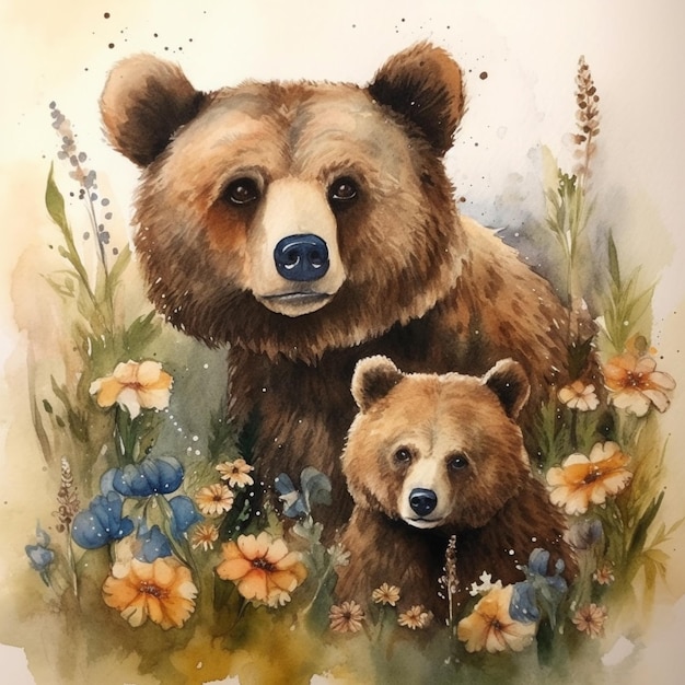 A watercolor painting of a mother and baby bear