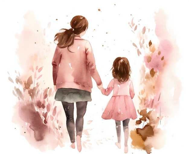 A watercolor painting of a mother and daughter walking in the park.