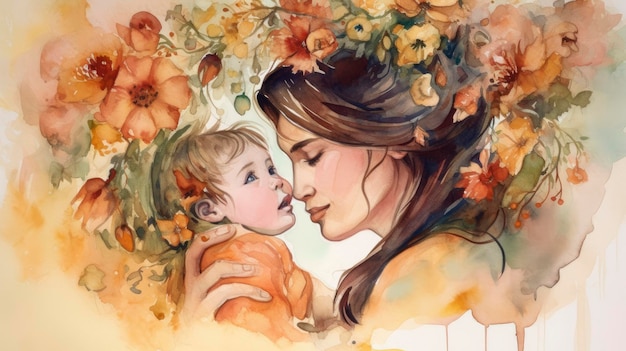 A watercolor painting of a mother and her baby