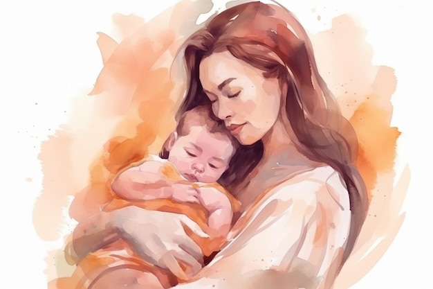 A watercolor painting of a mother holding her baby