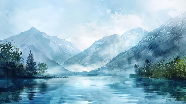 A watercolor painting of a mountain lake