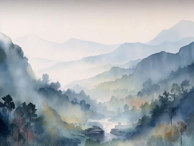 Watercolor painting of a mountain landscape with a river flowing through it.