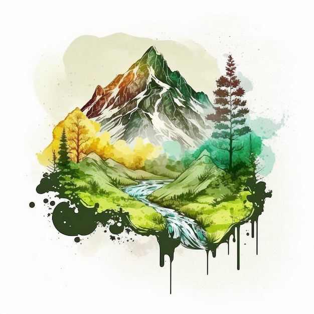 A watercolor painting of a mountain landscape with a river and mountains.