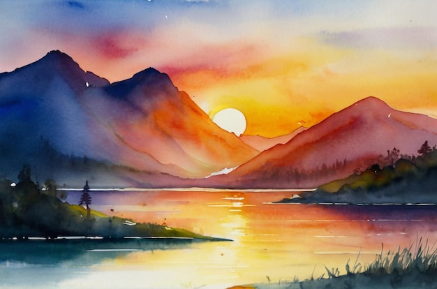 a watercolor painting of a mountain landscape with a sunset in the background