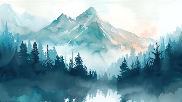 Watercolor painting of a mountain range with a forest in the foreground