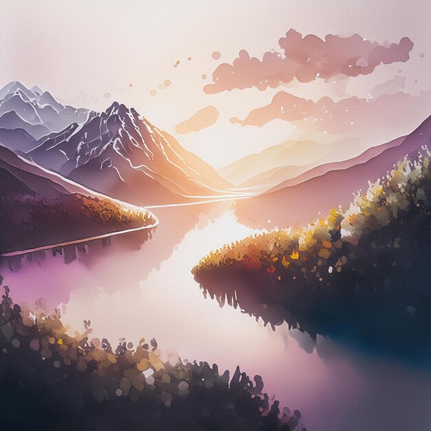 Watercolor painting mountains and river