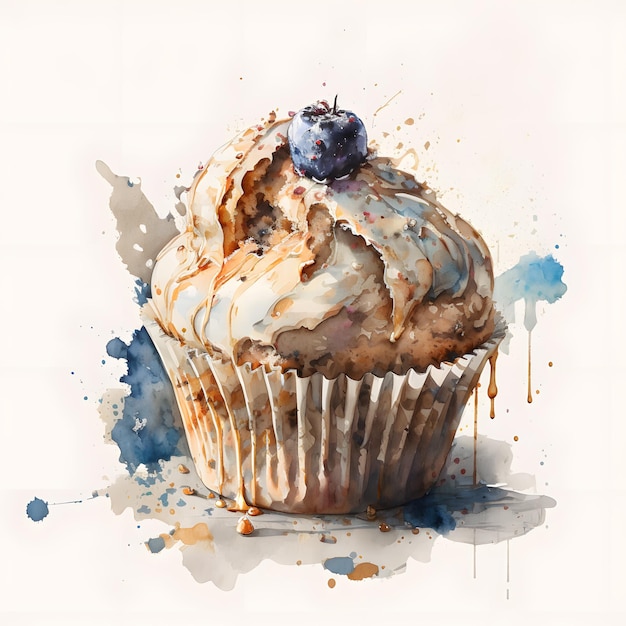 A watercolor painting of a muffin with a blueberry on top