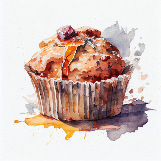 A watercolor painting of a muffin with a caramel topping.