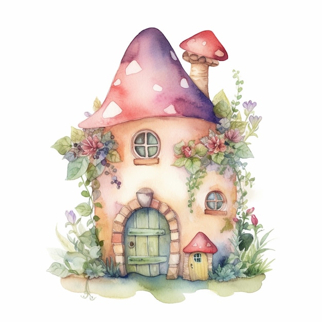 A watercolor painting of a mushroom house.