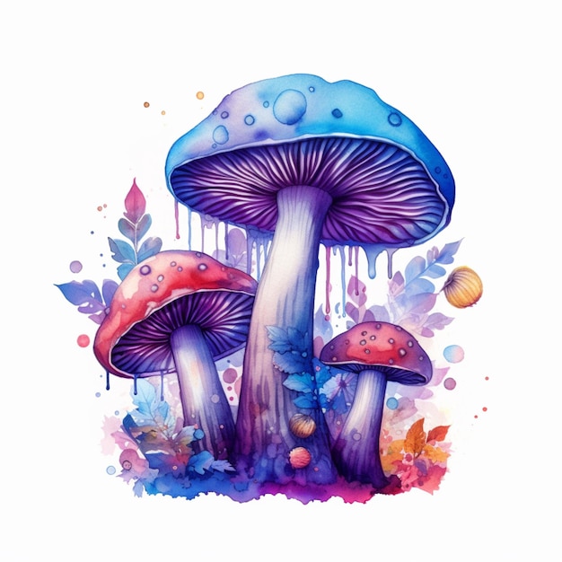 A watercolor painting of a mushroom with a blue cap and a purple cap.