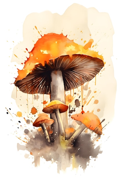 A watercolor painting of a mushroom with orange and yellow colors.