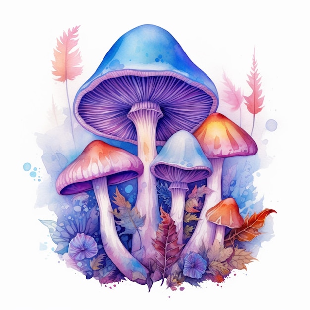 A watercolor painting of mushrooms with a blue cap and a yellow cap.