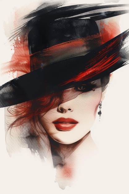 Watercolor painting of a mysterious woman with a hat and red lips concept