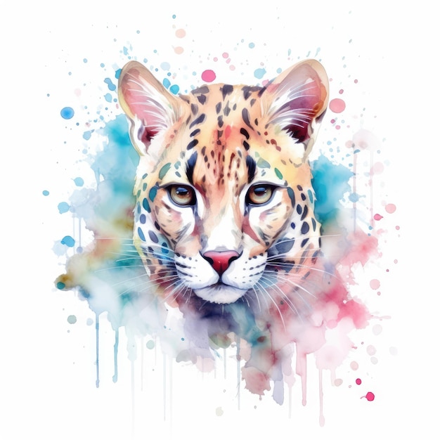 Watercolor painting of ocelot with white background