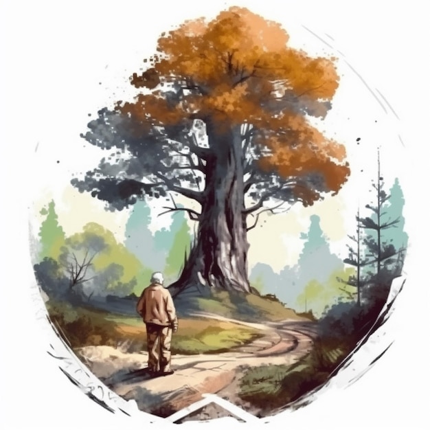 Watercolor painting of old man and big tree