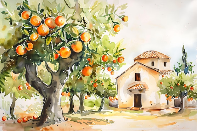 Watercolor Painting of Orange Trees and a Small House