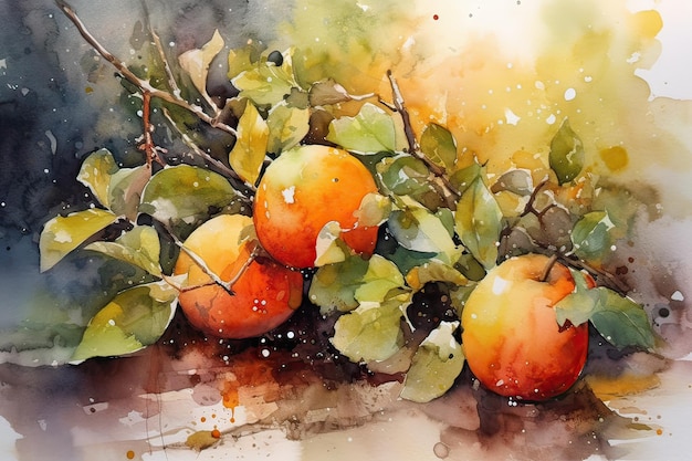 A watercolor painting of oranges on a branch.