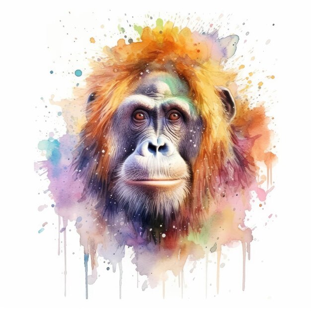 Watercolor painting of orangutan with white background