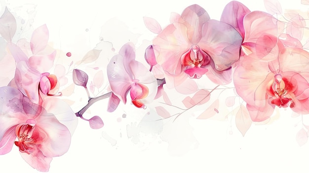 a watercolor painting of orchids and leaves