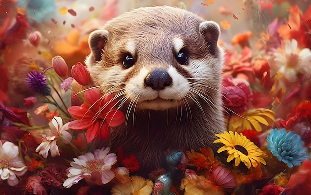 A watercolor painting of an otter surrounded by flowers.