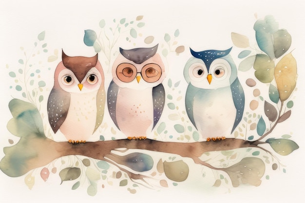 A watercolor painting of owls on a branch.