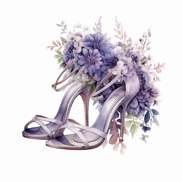 A watercolor painting of a pair of shoes with flowers on it.