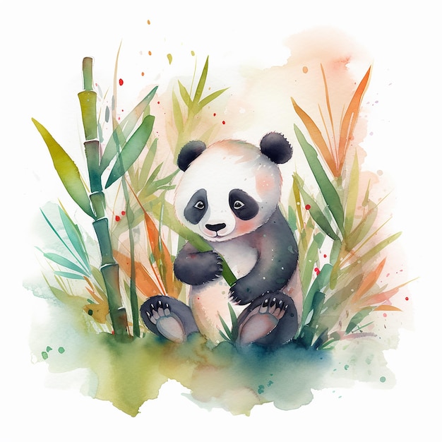 A watercolor painting of a panda bear sitting in the grass.