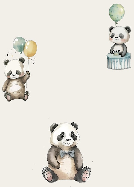 A watercolor painting of a panda bear with a cake and a bow tie.