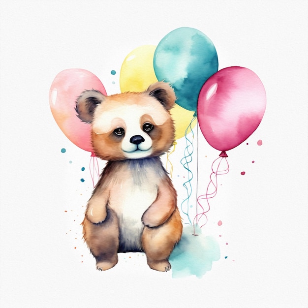 A watercolor painting of a panda with balloons in the background.