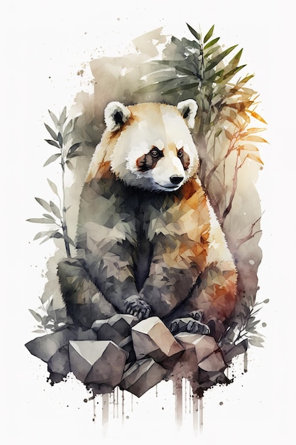 A watercolor painting of a panda with a black face and a white stripe on its face.