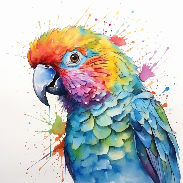 A watercolor painting of a parrot with a blue and yellow head.