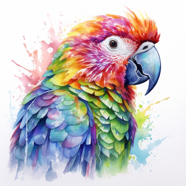 A watercolor painting of a parrot with a colorful head.