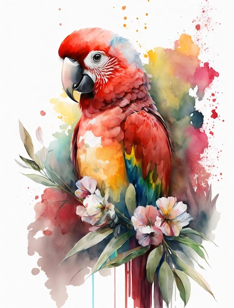 A watercolor painting of a parrot with flowers