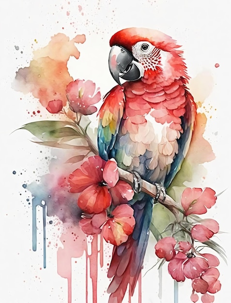 A watercolor painting of a parrot with a pink flower on it.