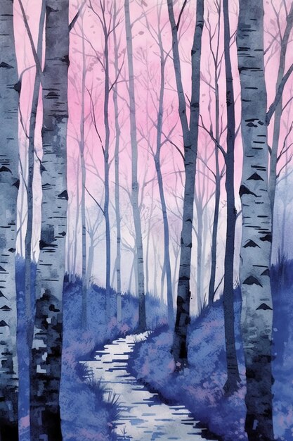 A watercolor painting of a path in a forest with a pink sky.