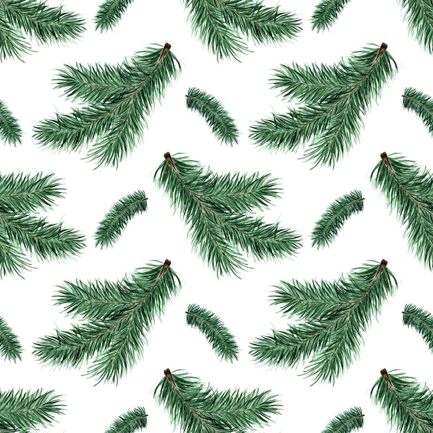 Watercolor painting pattern green spruce branches Seamless repeating botanical print for Christmas