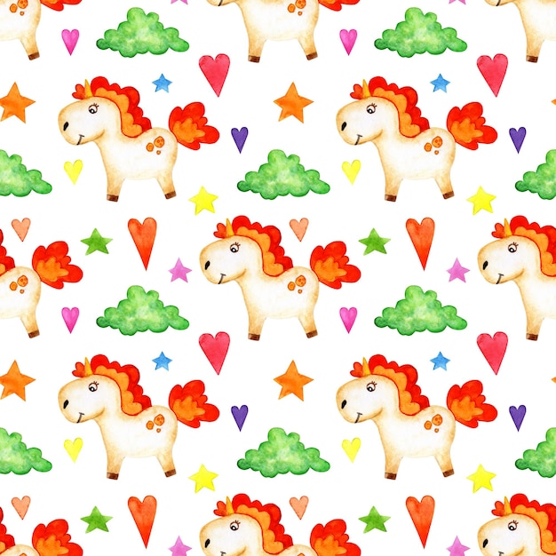 Watercolor painting pattern of a little pony with a red mane clouds hearts and stars Seamless