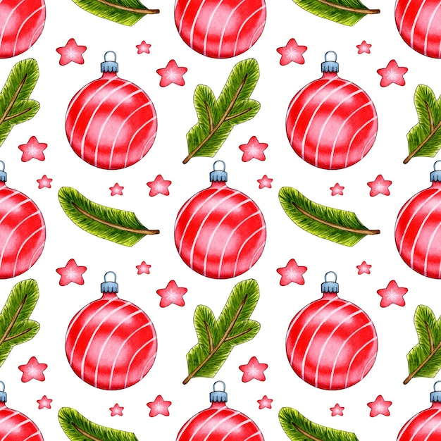 Watercolor painting pattern of red Christmas balls fir branches and stars Seamless repeating print