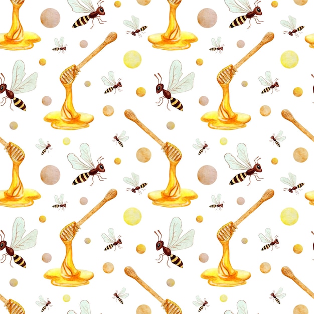 Watercolor painting pattern spoon with honey drops and bees Seamless repeating honey print