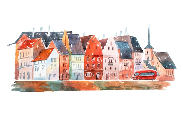 Watercolor painting of peaceful street in Holland with houses typical European architecture