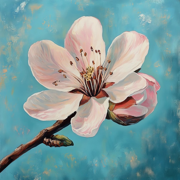 Photo watercolor painting of a peach blossom on a blue background