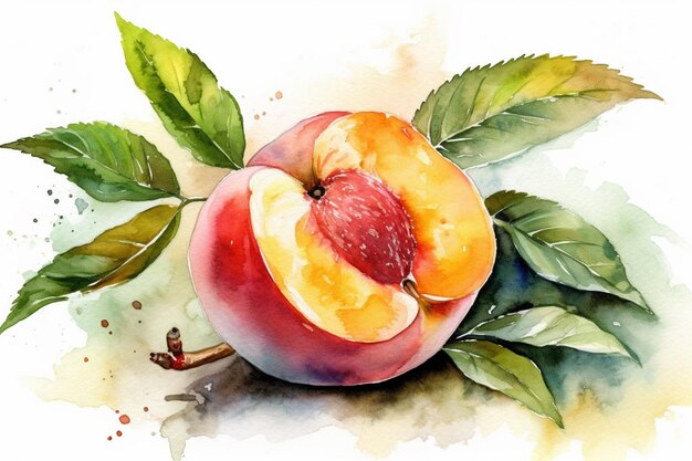 Watercolor painting of a peach with green leaves