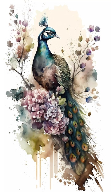 A watercolor painting of a peacock with flowers and leaves.