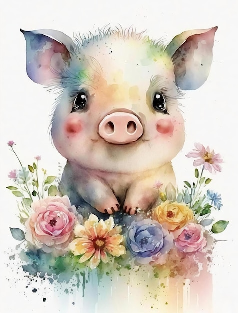 A watercolor painting of a pig with flowers.