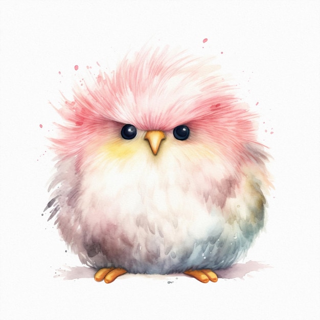 A watercolor painting of a pink bird with a blue beak.