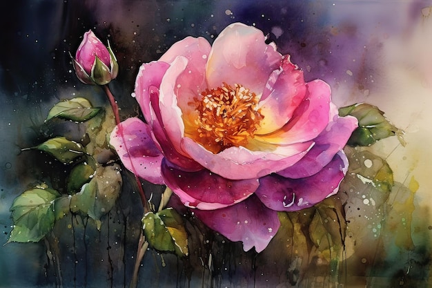 A watercolor painting of a pink flower