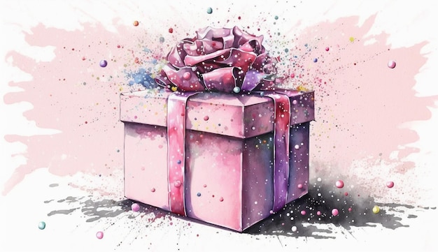 A watercolor painting of a pink gift box with a pink bow and a pink bow.