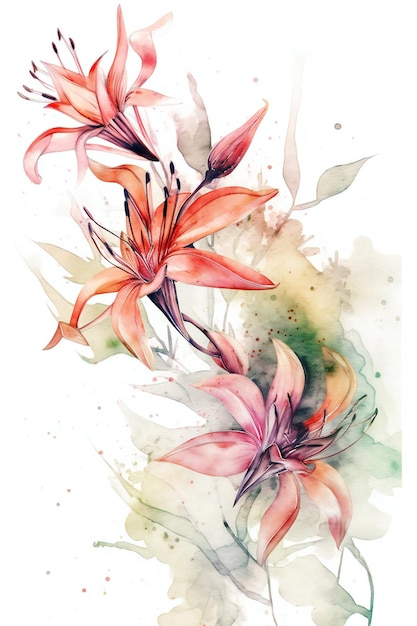 A watercolor painting of a pink lily with green and orange leaves.