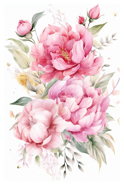 A watercolor painting of pink peonies with leaves and flowers.